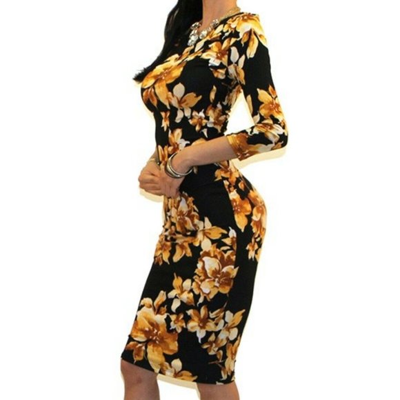 Got Style Donnetta Black Yellow Floral 3/4 Sleeve Bodycon Party Cocktail Dress - Picture 3 of 4